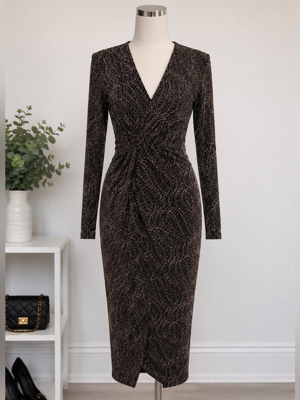 Marciano Guess Glitter Bodycon Midi Dress Black Metallic Size Xs